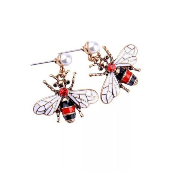 Red Enamel Glaze Bumble Bee Pearl Crystal Gold Statement Dangle Earrings - Picture 4 of 8